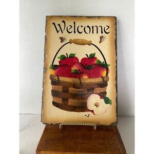 Vintage Hand Painted Slate Welcome Sign Apple Basket Rustic Farmhouse Wall Decor